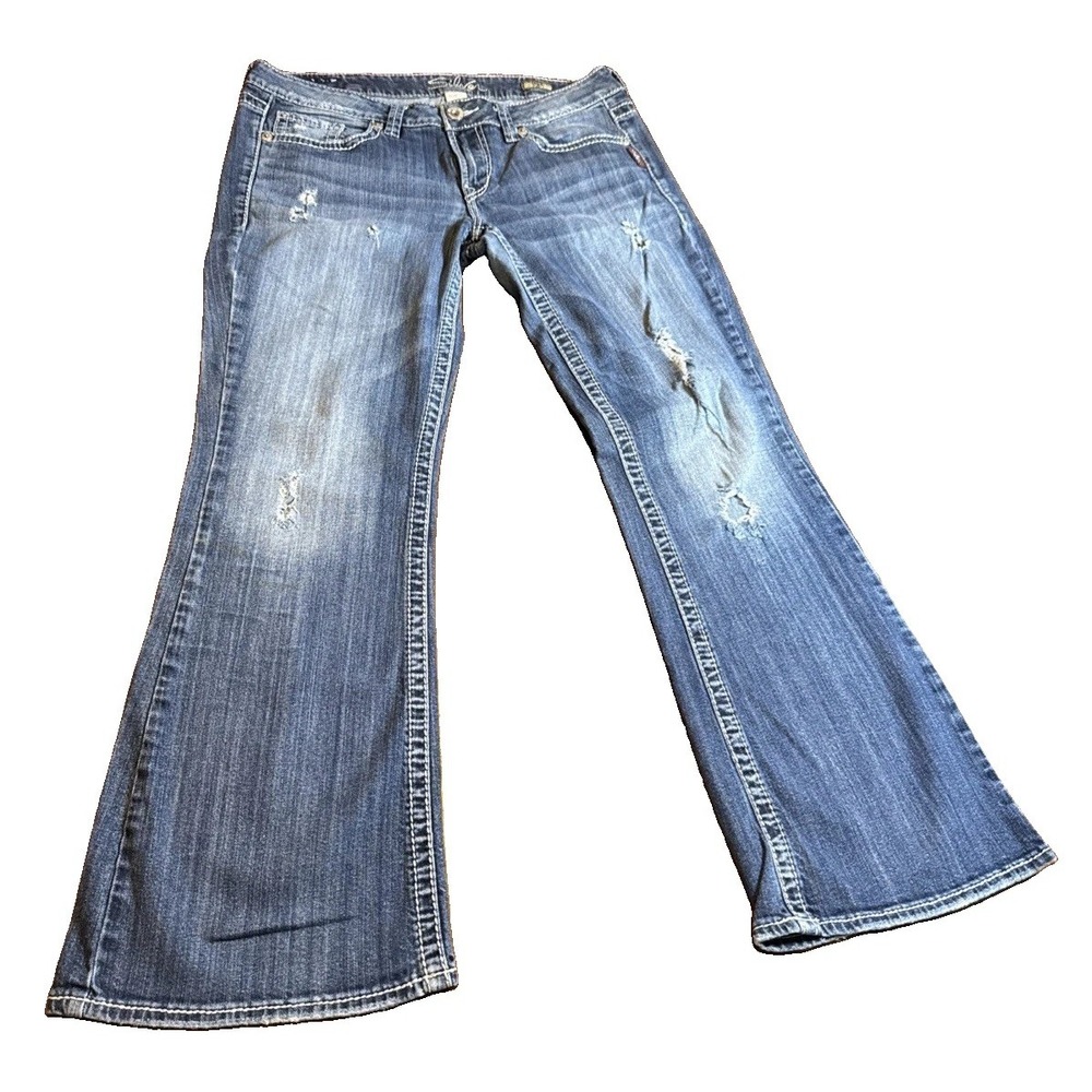Silver Jeans Lola Flare Womens W32 L31 Distressed Medium Wash Stretch Denim